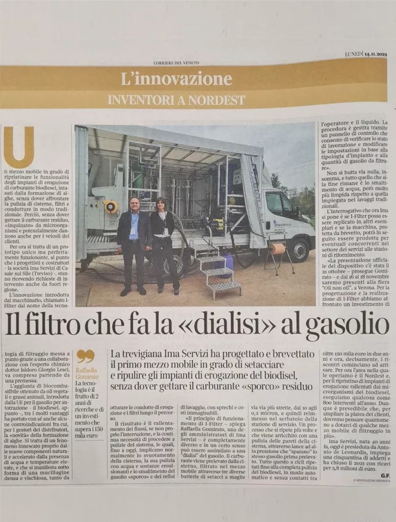 L'immagine è una scansione di un articolo del giornale "Corriere della Sera", che presenta una novità nel settore delle stazioni di servizio offerta da Ima Servizi.