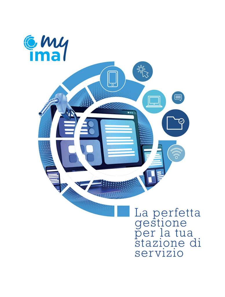 Grafica dedicata alla promozione dell'app My Ima lanciata da Ima servizi. Nell'immagine compare la scritta "La perfetta gestione per la tua stazione di servizio".